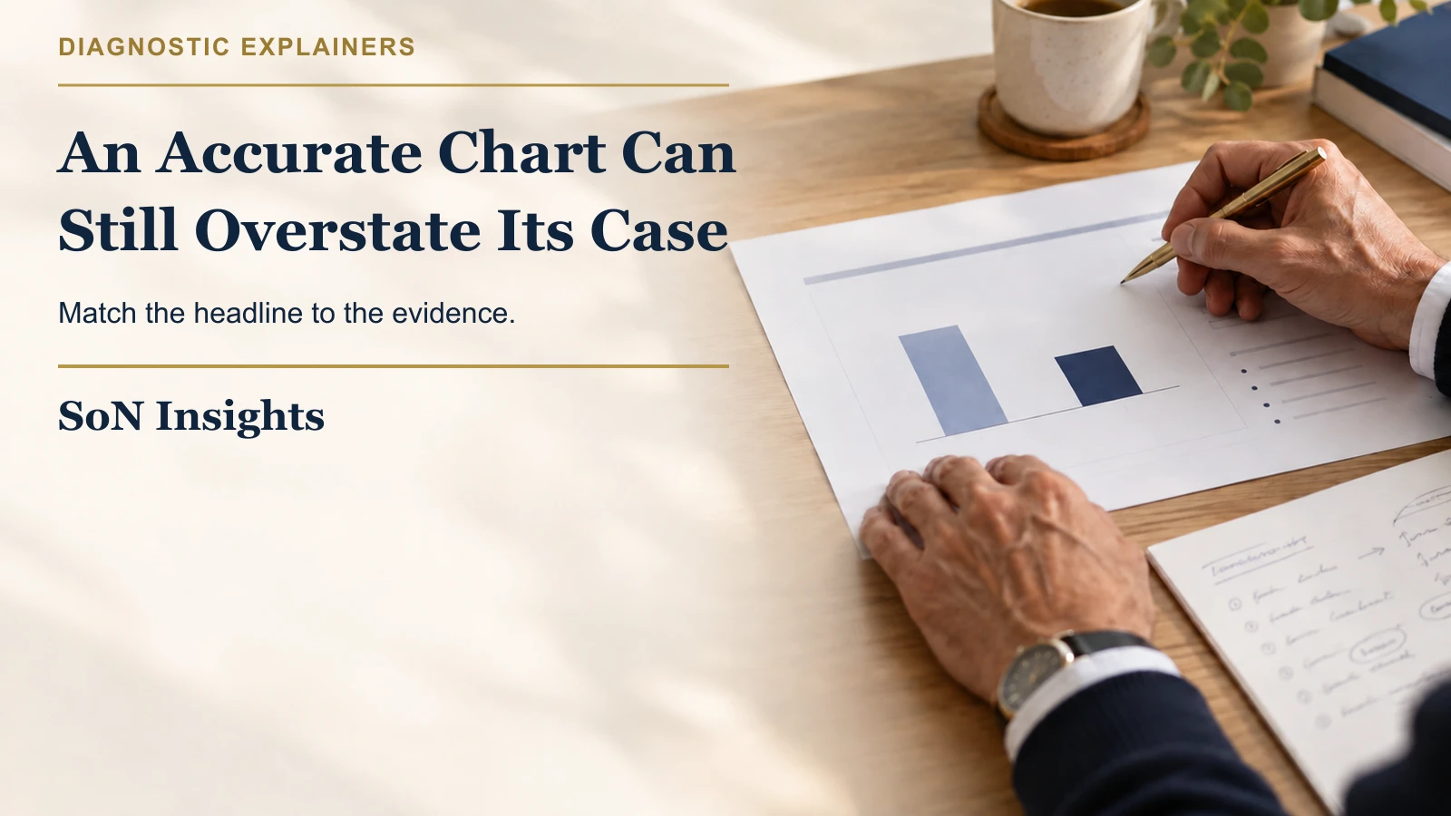 A reviewer looks over a simple bar chart beneath a headline about matching a chart to its evidence.
