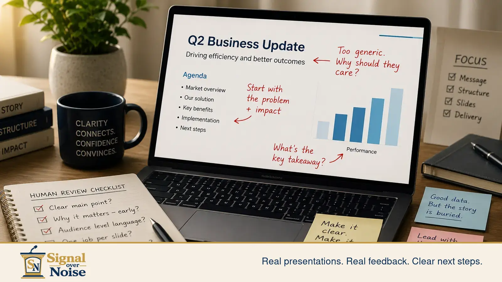 A laptop presentation slide marked with handwritten review notes about clarity, structure, audience language, and key takeaways.