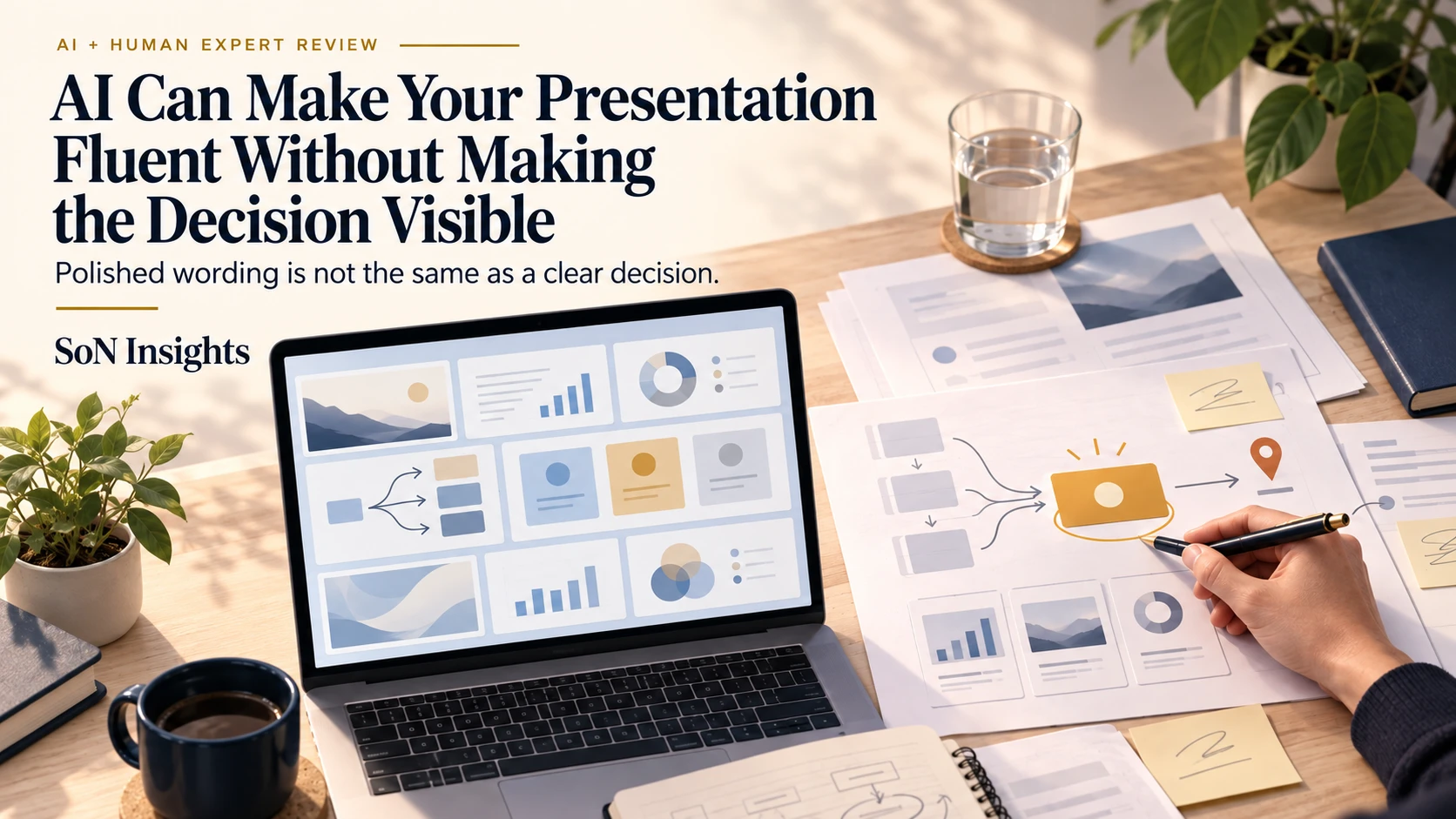 A human reviewer comparing a polished presentation with a clearer decision path on a presentation review desk.