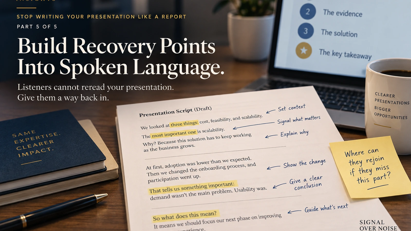 A presentation script marked with clear verbal checkpoints that help listeners follow the speaker's argument.