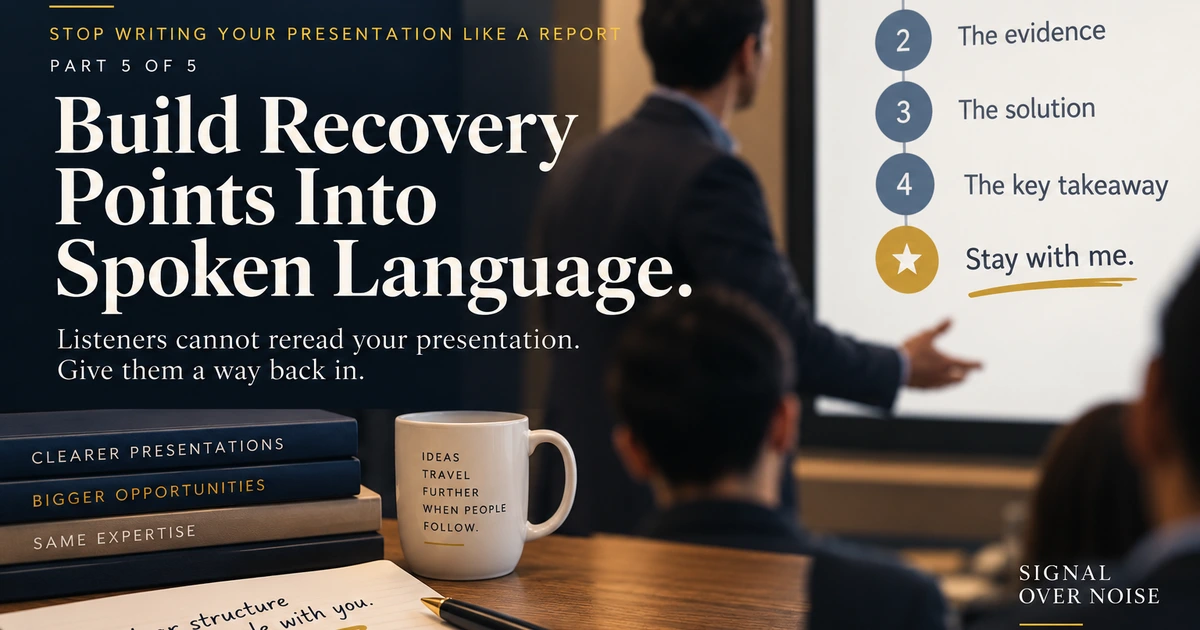 Signal over Noise social preview for an article about building recovery points into spoken language.