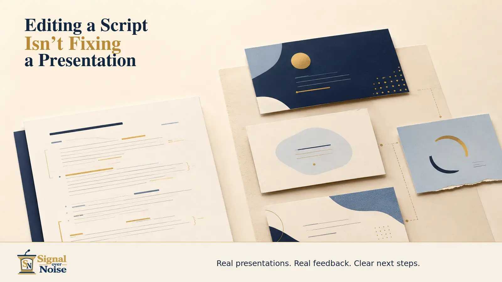 A polished presentation script beside disconnected slide cards, showing that clear wording alone does not fix a weak presentation.