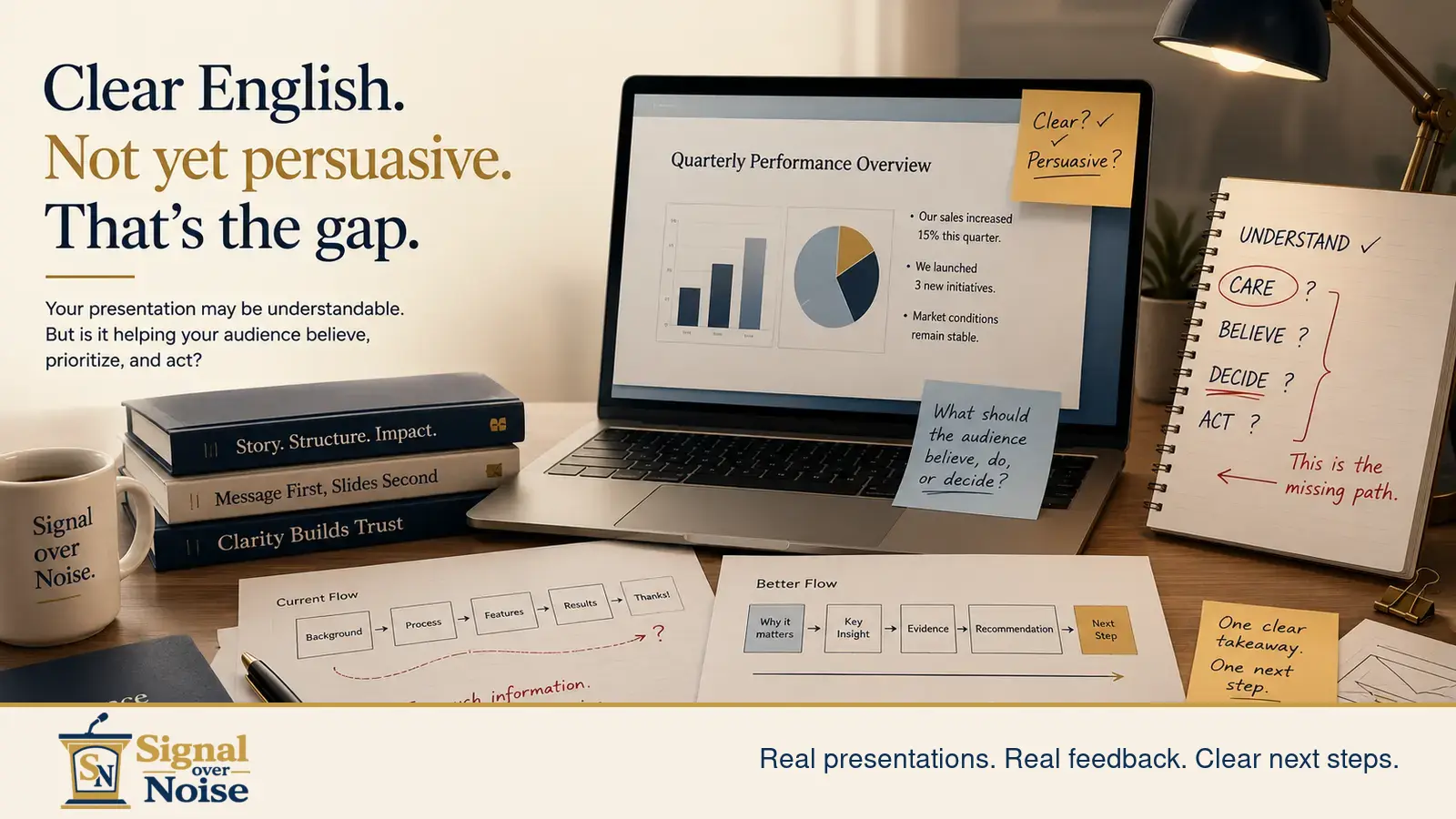 A reviewed English presentation draft showing a clear message on the surface but missing the stronger persuasive path underneath.