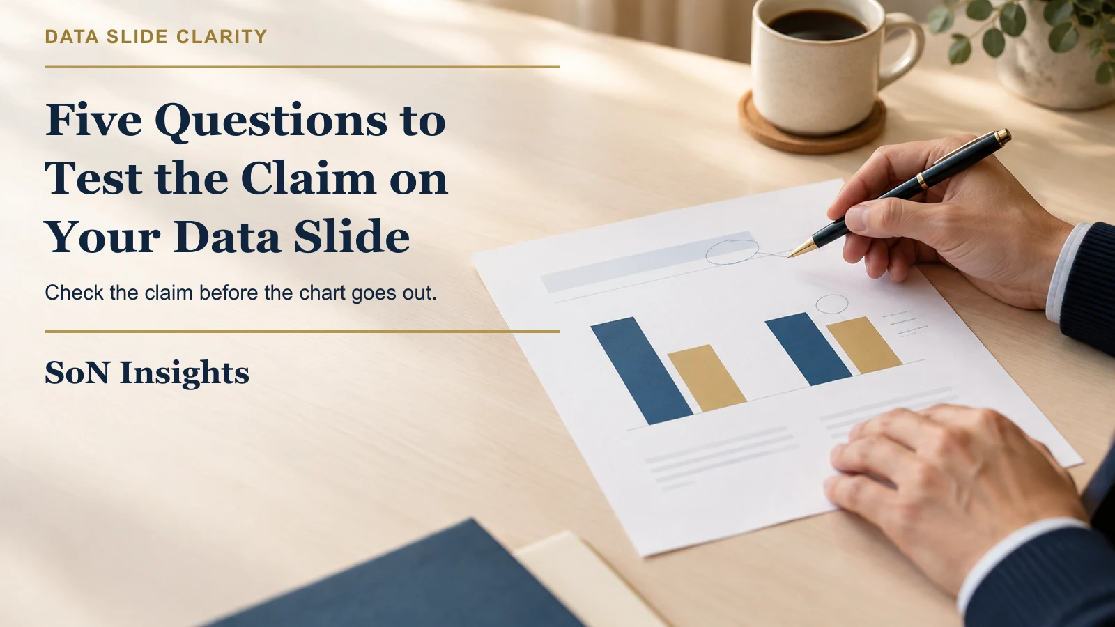 A reviewer marks a conceptual bar chart on a printed presentation slide.