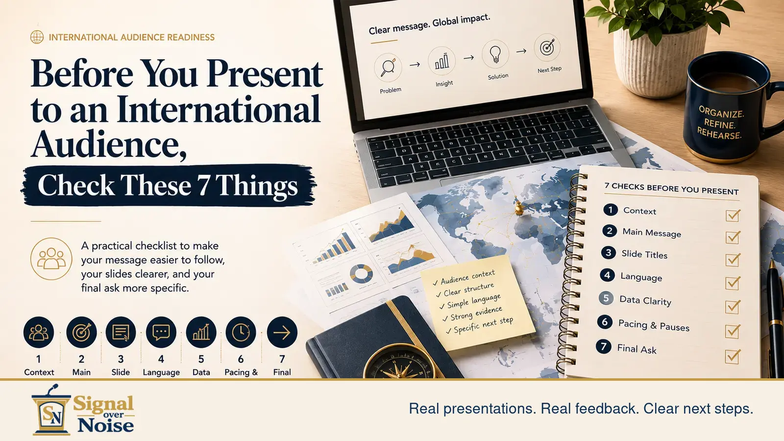 A presentation-preparation workspace with a seven-point checklist, global audience notes, and a laptop showing a clear presentation flow.