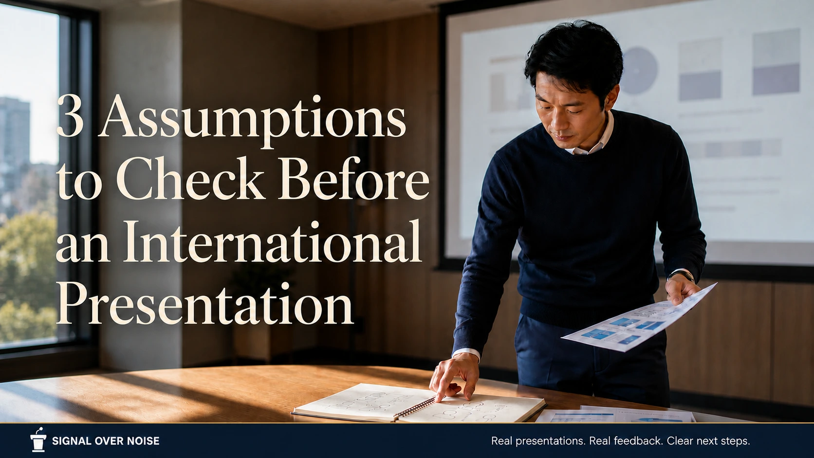A presenter reviewing audience notes beside a presentation screen before an international meeting.