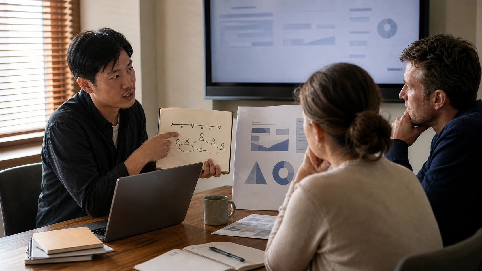 A presenter adding a short context note to prepare an unfamiliar audience for a proposal.