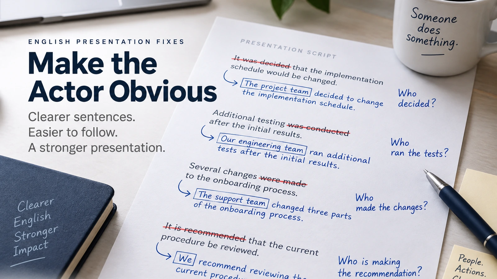 A presentation script being edited so unclear actions are connected to the people and teams responsible for them.