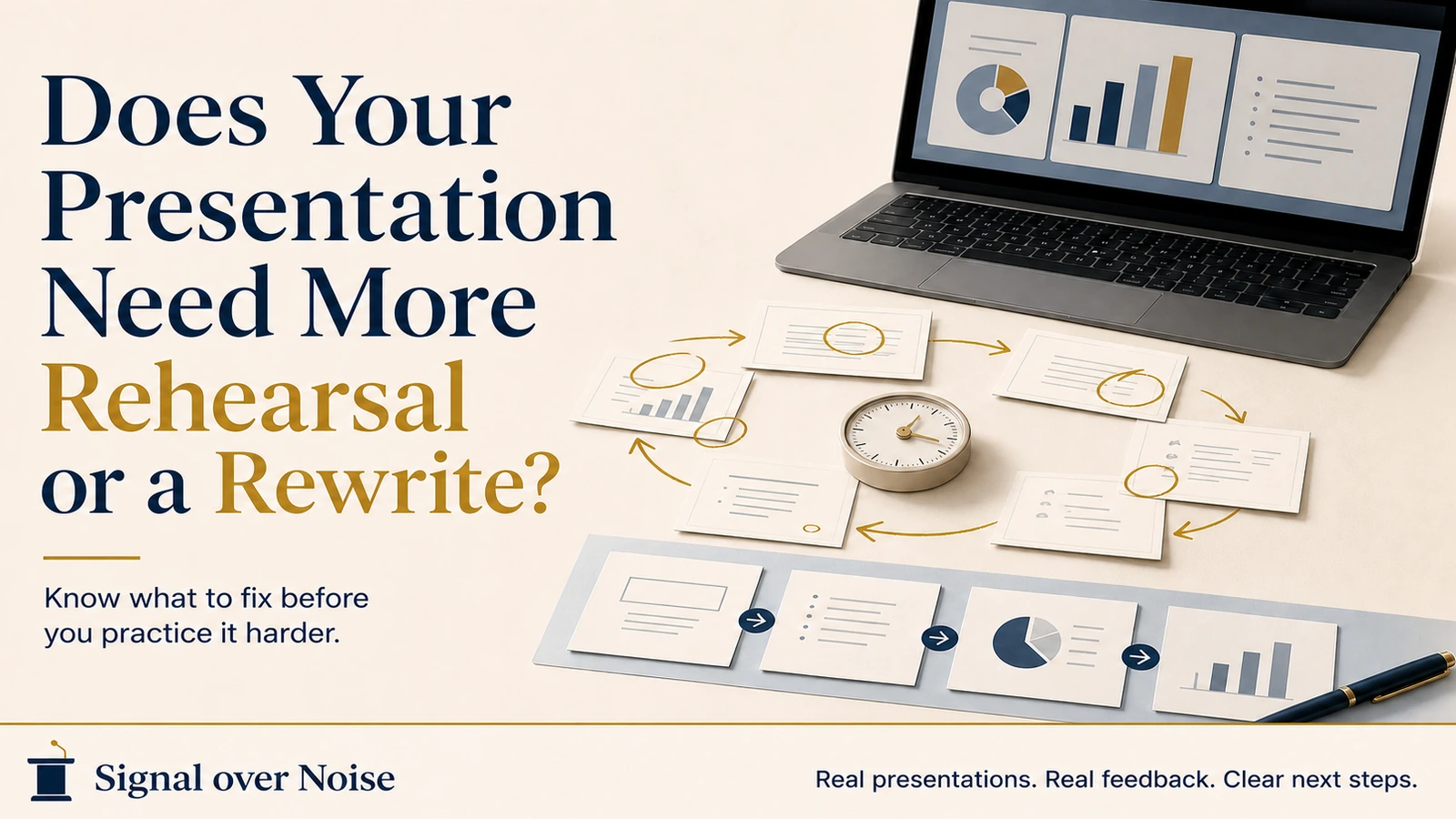 A presentation draft, rehearsal timer, and review notes showing the choice between practicing more and clarifying the material first.
