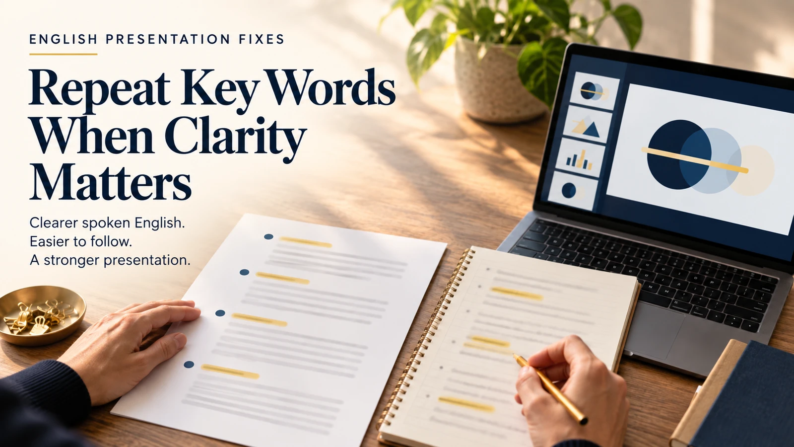 A presentation script being reviewed for repeated anchor words that help an audience follow the spoken argument.