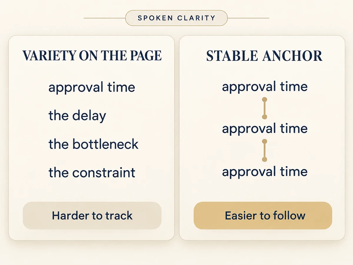 Comparison showing synonym variety as harder to track and repeated approval time as an easier-to-follow stable anchor.
