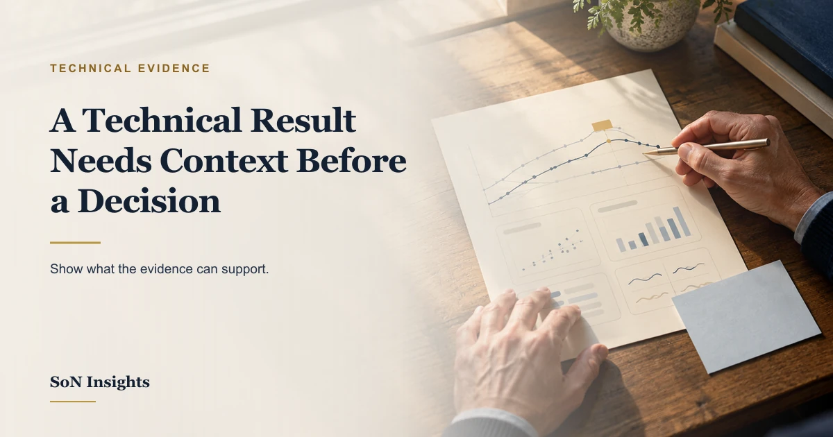 Article cover with the title A Technical Result Needs Context Before a Decision over an illustrative technical slide review scene.