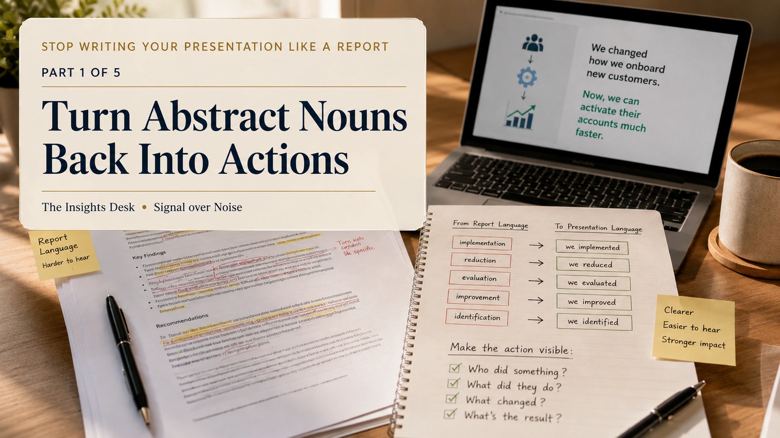 A photorealistic presentation-review desk with the article title overlaid beside annotated report language being rewritten as clearer actions.