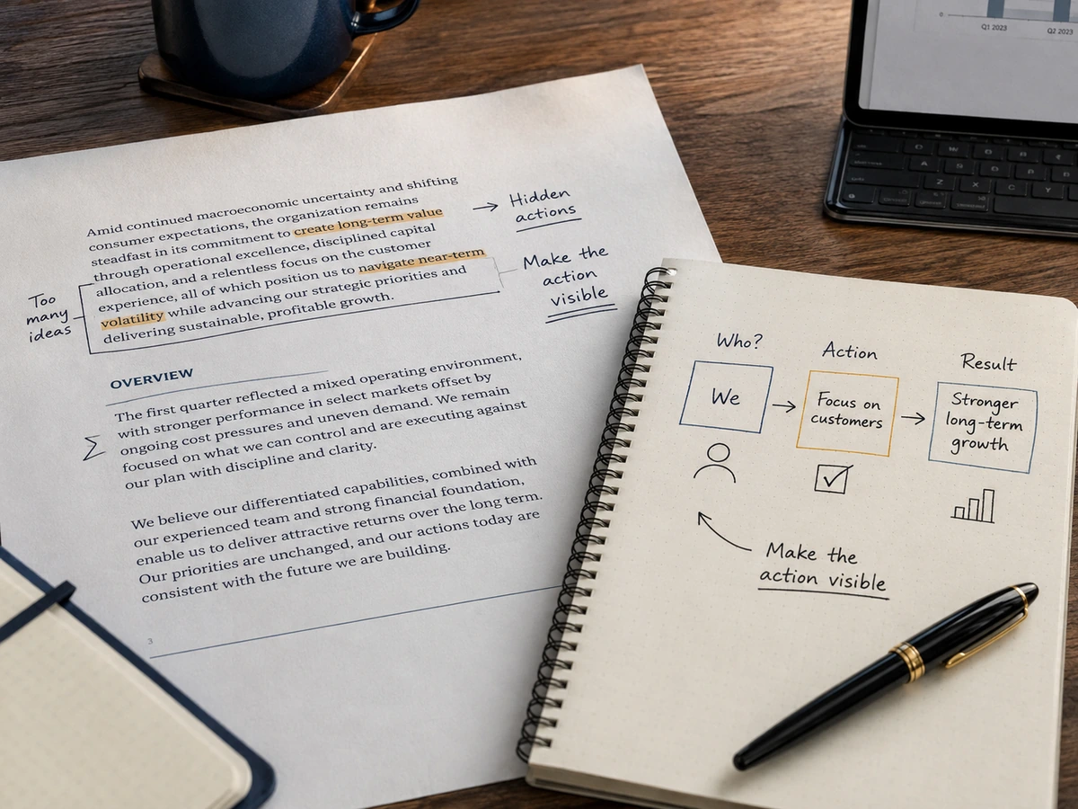 A marked-up report beside notes separating a dense statement into the actor, action, and result.