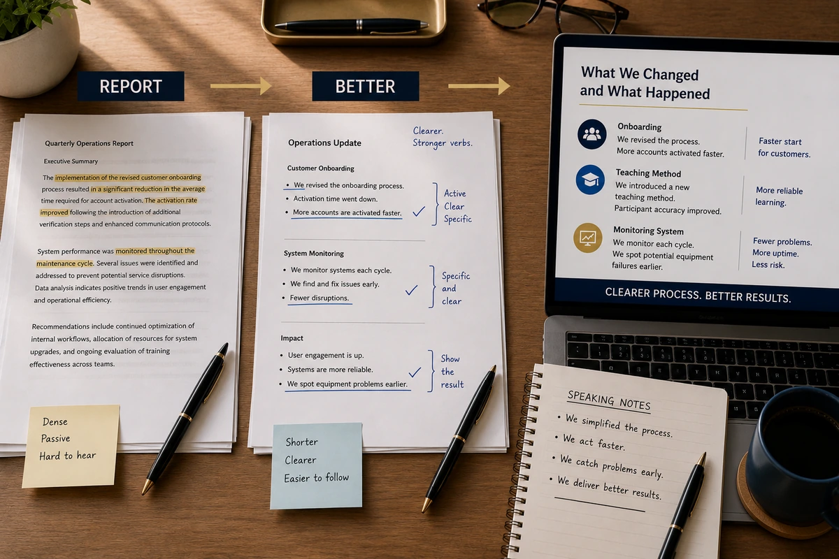 A three-stage workspace showing dense report language becoming clearer written language and then presentation-ready language.