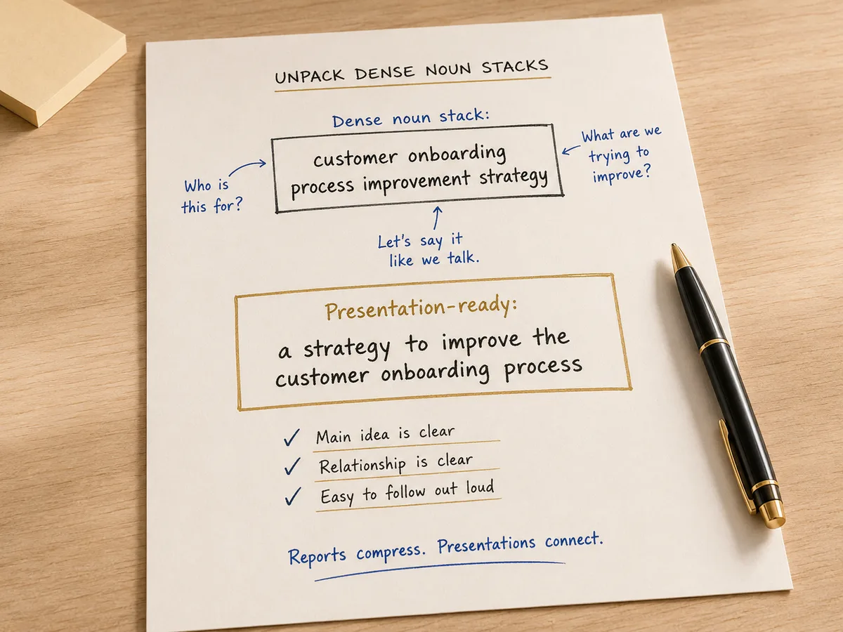 A hand-drawn diagram showing a dense noun stack being unpacked into a clearer phrase and a presentation-ready statement.