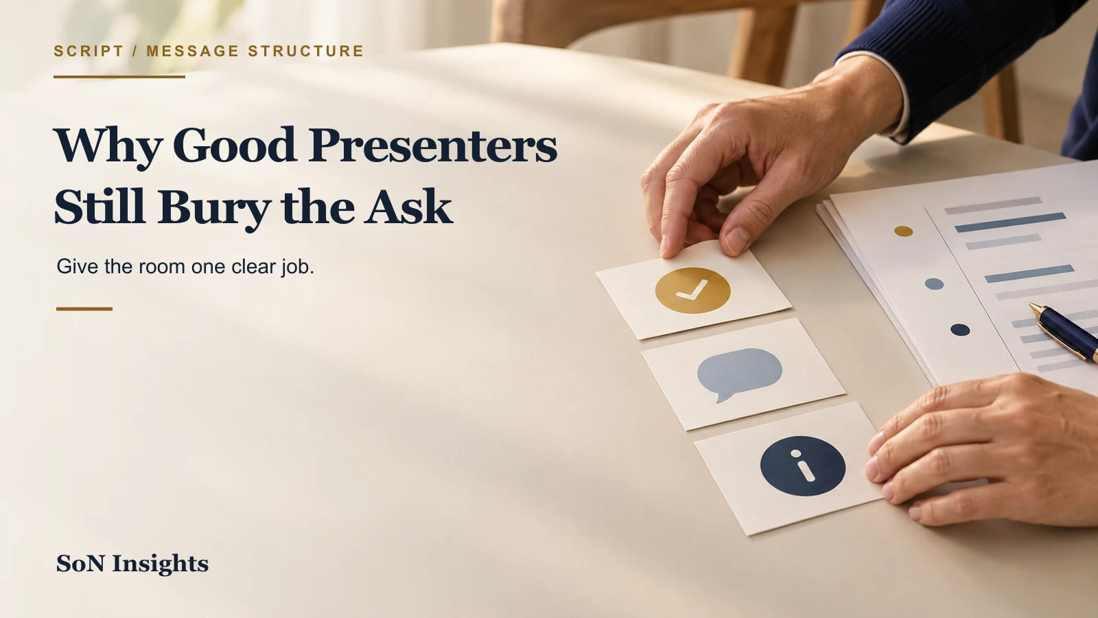 Hands arrange three simple agenda cards marked with a check, a speech bubble, and an information symbol beside presentation notes.