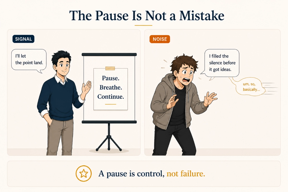 Signal은 차분한 일시정지를 사용하는 반면 Noise는 필러 단어로 침묵을 채웁니다.
