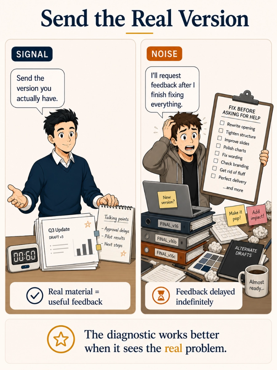 Two-panel Signal over Noise comic. Signal calmly sends an unfinished but usable presentation draft for feedback, while Noise delays feedback by trying to fix everything first.