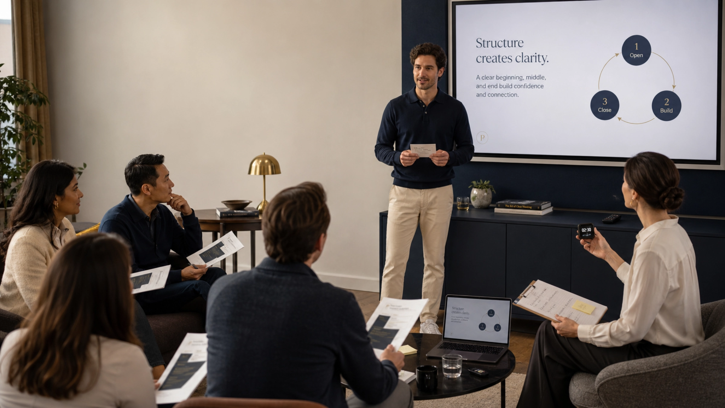 Small team practicing a presentation together during a workshop.